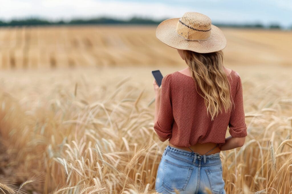 a woman is walking through a field with a cell phone in her hand. she is wearing a straw hat and a red shirt