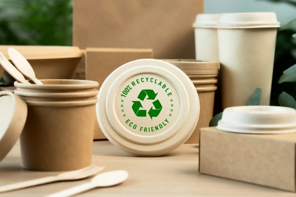 Eco Friendly Packaging for a Sustainable Future. Paper tableware with a recycling sign .zero waste.