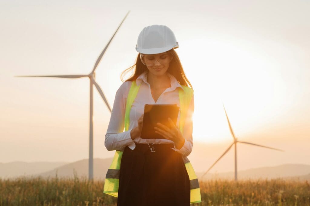 Woman in helmet working with tablet at renewable energy farm